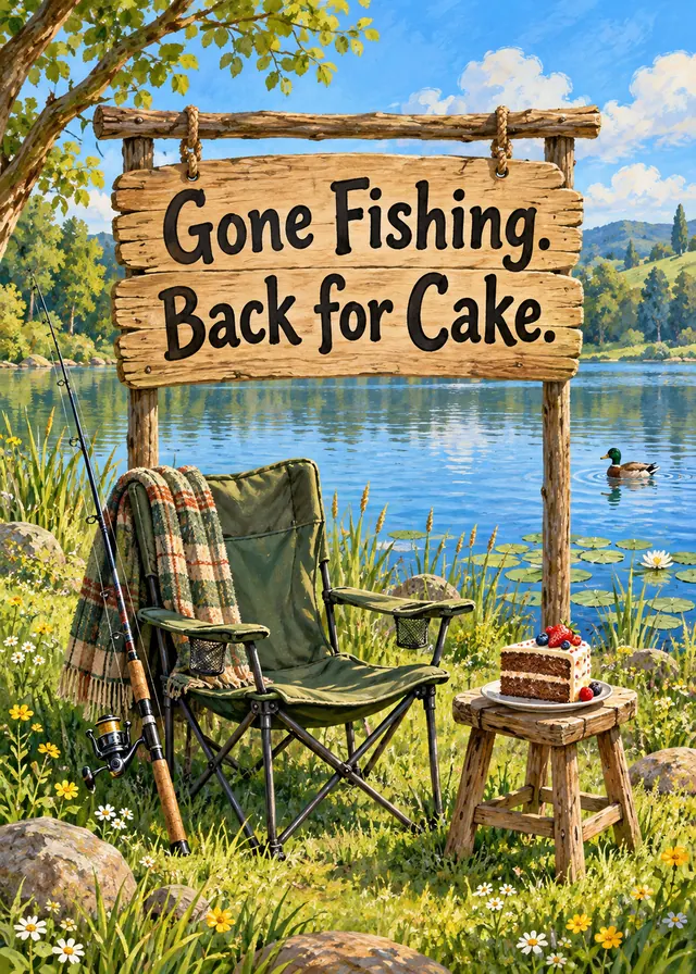 Gone Fishing. Back for Cake. card